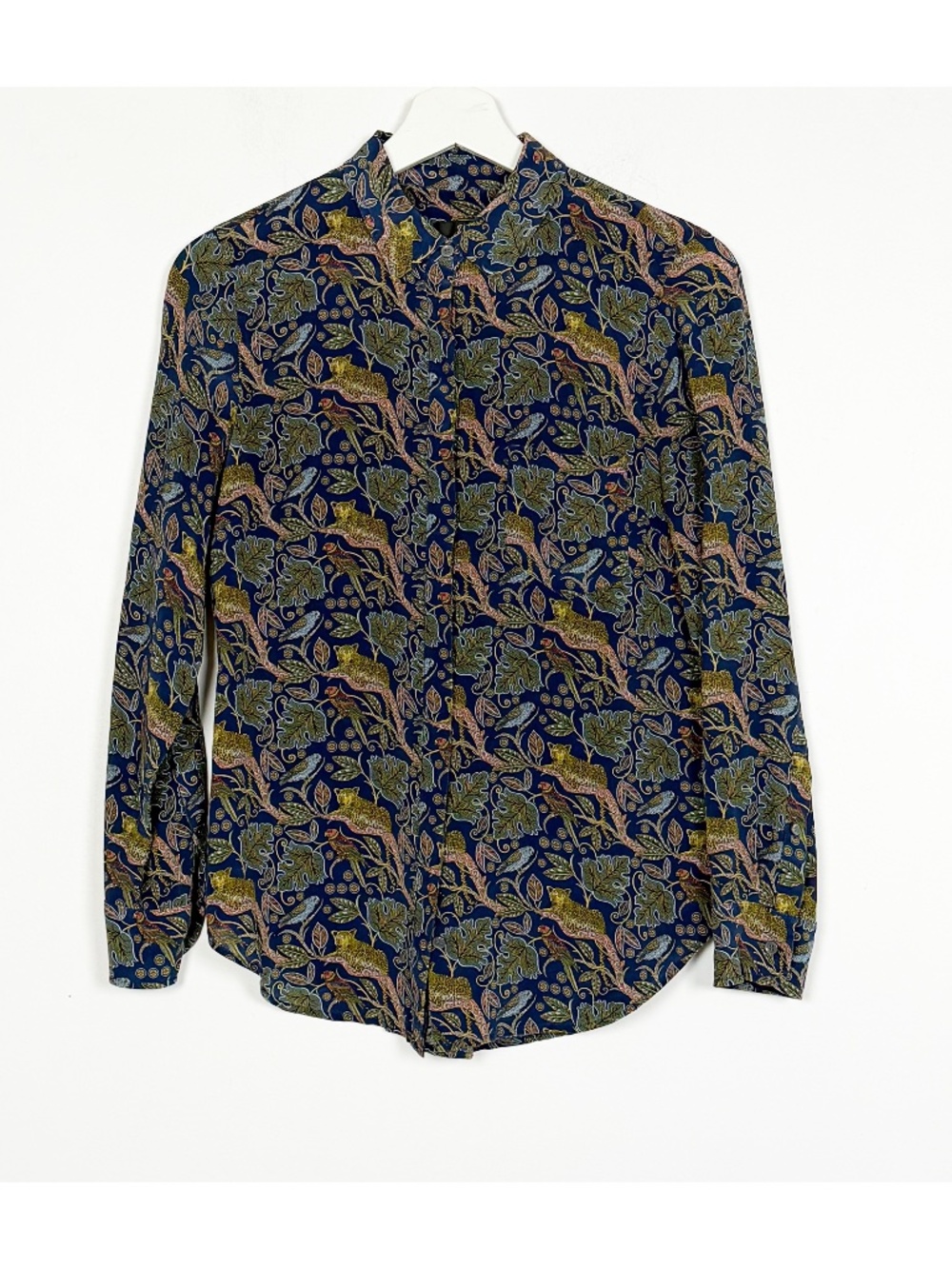 J. Crew Womens Shirt Blouse Top Size 4 Silk Button Leopard Floral Blue Green